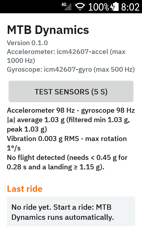 Settings screen with the sensor test result on a Karoo 2