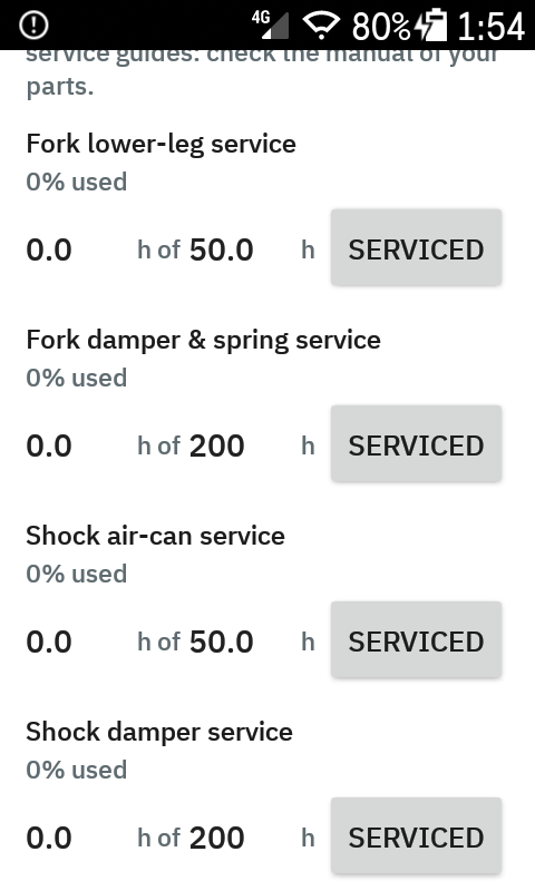 Service items with hours used, interval and a Serviced button